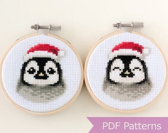 Baby Penguin wearing Santa hat cross stitch PDF - Christmas embroidery - Instant download - Small