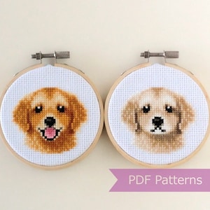 May include: Two cross-stitch patterns of golden retriever dog heads in embroidery hoops. The patterns are available as PDF downloads.