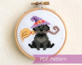 The Witch's Assistant cross stitch PDF - Halloween Black Dog with Broomstick embroidery - Instant download - Small