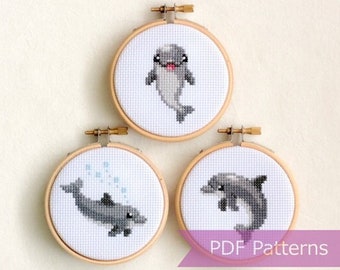 Dolphin cross stitch pattern PDF bundle - Set of 3 dolphin patterns - Instant download - Small