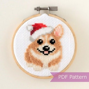 Corgi wearing Santa hat cross stitch PDF - Christmas embroidery - Instant download - Small