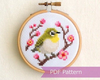 Warbling White Eye cross stitch PDF - Mejiro embroidery - Instant download - Small