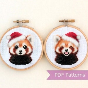 Red Panda wearing Santa hat cross stitch PDF - Christmas embroidery - Instant download - Small