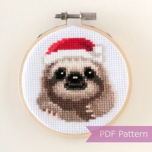 Sloth wearing Santa hat cross stitch PDF - Christmas embroidery - Instant download - Small