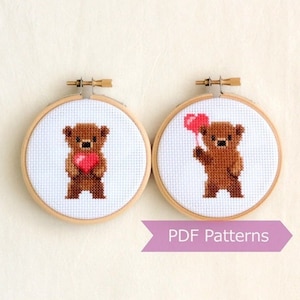 Valentine Bear cross stitch pattern PDF bundle - Bear carrying heart + Bear holding balloon embroidery PDF bundle - Instant download - Small