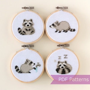 Paquete de patrones de punto de cruz de mapache en PDF - Conjunto de 4 patrones de mapache - Descarga instantánea - Pequeño