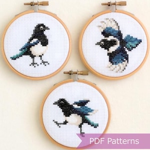 Magpie cross stitch pattern PDF bundle - Magpie embroidery pattern - Instant download - Small