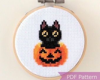 Black cat in pumpkin cross stitch PDF - Halloween embroidery - Instant download - Small