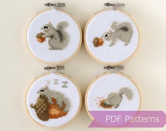 Gray Squirrel cross stitch PDF bundle - Set of 4 gray squirrels - Instant download - Small