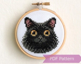 Long-haired Black Cat cross stitch pattern PDF - Long-haired Black Cat with yellow/green eyes embroidery - Instant download - Small