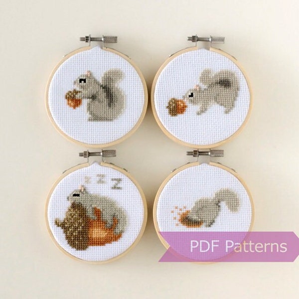 Gray Squirrel cross stitch PDF bundle - Set of 4 gray squirrels - Instant download - Small