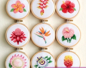 Tropical flowers cross stitch pattern bundle - Set of 9 tropical flowers embroidery patterns - Instant Download PDFs