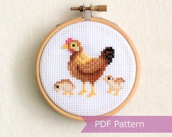 Hen and Chicks cross stitch pattern PDF - Hen + chicks embroidery - Instant download - Small