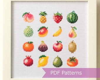 Mini Fruits cross stitch pattern megabundle - Set of 16 fruits + 16 cut fruits embroidery patterns - Instant Download PDFs