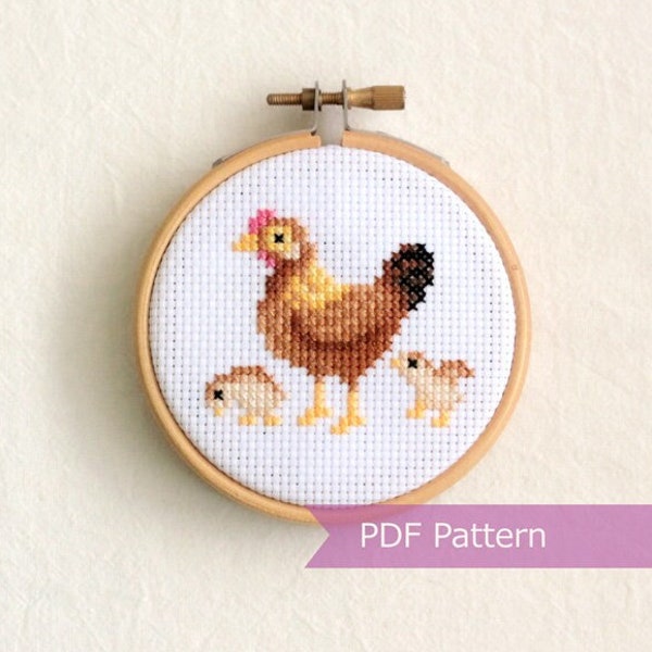 Hen and Chicks cross stitch pattern PDF - Hen + chicks embroidery - Instant download - Small