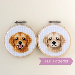 Puede incluir: Dos patrones de punto de cruz de cabezas de golden retriever en aros de bordado. Los patrones están disponibles para descargar en PDF.