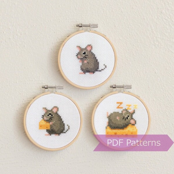 Mouse cross stitch PDF bundle - 3 varieties (Mouse + Mouse eating cheese + Mouse sleeping on top of cheese) - Instant download - Small