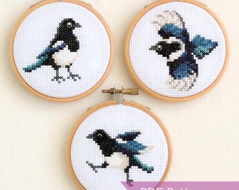 Magpie cross stitch pattern PDF bundle - Magpie embroidery pattern - Instant download - Small