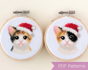 Calico Cat wearing Santa hat cross stitch PDF - Christmas embroidery - Instant download - Small