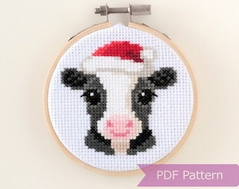 Holstein Cattle wearing Santa hat cross stitch PDF - Christmas embroidery - Instant download - Small