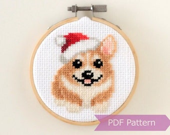 サンタの帽子をかぶったコーギーのクロスステッチPDF - クリスマス刺繍