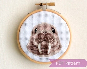 Walrus cross stitch PDF - Walrus portrait embroidery - Instant download - Small