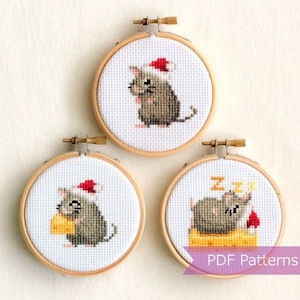 サンタ帽をかぶったネズミのクロスステッチPDFバンドル - クリスマス刺繍 - 即時ダウンロード - 小サイズ