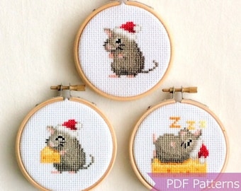 Mouse wearing Santa hat cross stitch PDF bundle - Christmas embroidery - Instant download - Small
