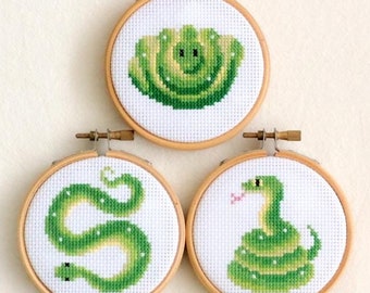 Green Tree Python cross stitch pattern PDF bundle - 3 green + 3 blue morph snakes - Instant download - Small