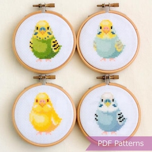 May include: Four cross-stitch embroidery hoops with budgie designs. Each hoop has a wooden frame and a white background. The budgies are in shades of green, blue, and yellow, with black and white accents. The text "PDF Patterns" is visible.