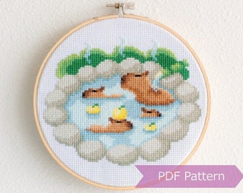 Bathing Capybaras cross stitch pattern PDF - Capybara embroidery - Instant download - Medium