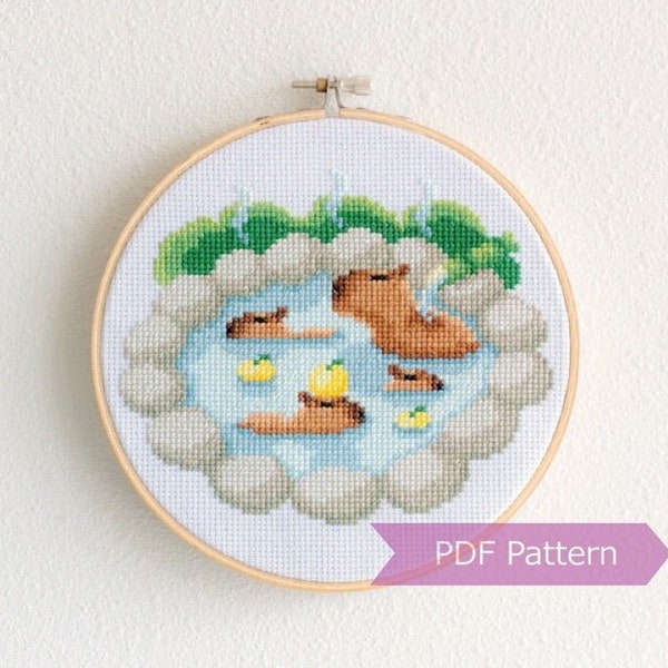 Bathing Capybaras cross stitch pattern PDF - Capybara embroidery - Instant download - Medium