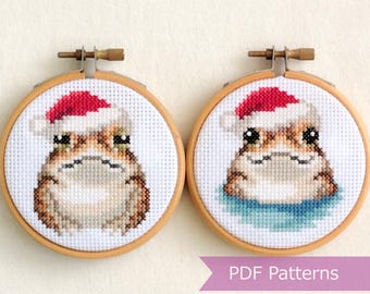 Toad wearing Santa hat cross stitch pattern PDF bundle - Toad + Toad in water Christmas embroidery - Instant download - Small