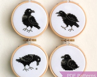 Crow cross stitch pattern PDF bundle - Set of 4 raven patterns - Instant download - Small