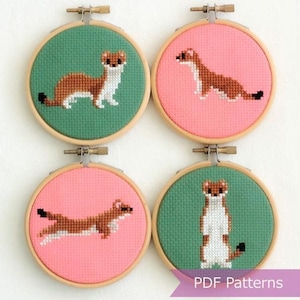 Weasel cross stitch pattern PDF bundle - Weasel/Stoat summer coat embroidery patterns - Instant download - Small