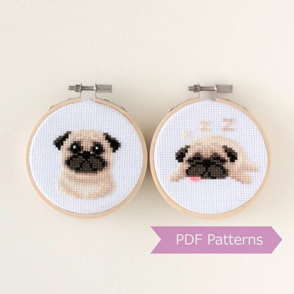 Pug cross stitch pattern PDF bundle - Pug + Sleeping pug embroidery -  Instant download - Small