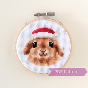 Bunny wearing Santa hat cross stitch PDF - Christmas embroidery - Instant download - Small