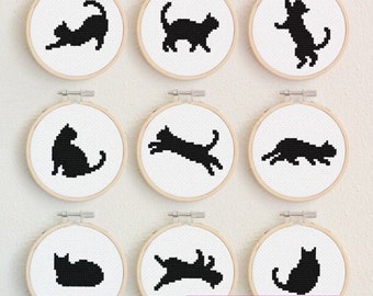 Pakket A met kruissteekpatronen van kattensilhouetten - Set van 9 patronen van kattensilhouetten - Direct te downloaden - Klein formaat