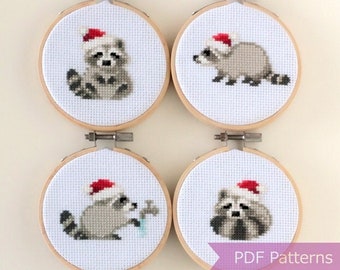 Raccoon wearing Santa hat cross stitch PDF - Christmas embroidery - Instant download - Small