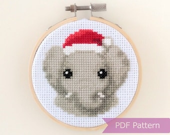Elefante con gorro de Papá Noel punto de cruz PDF - Bordado navideño - Descarga instantánea - Pequeño