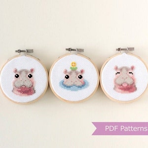 Hippopotamus cross stitch pattern PDF bundle - Hippo + Smiling Hippo + Half-submerged Hippo -  Instant download - Small