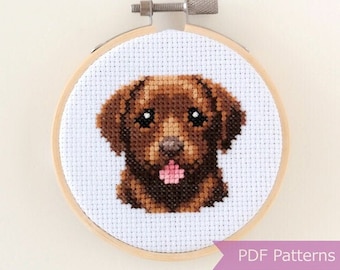 Paquete de patrones de punto de cruz de Labrador Chocolate en PDF - Labrador Chocolate + Labrador Chocolate sonriendo - Descarga instantánea - Pequeño