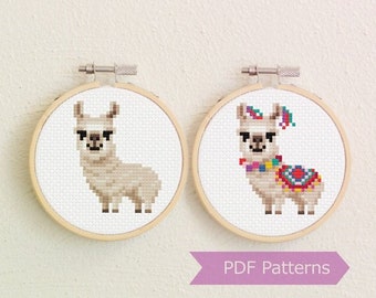 Llama cross stitch pattern PDF bundle - Simple Llama + Decorated Llama - Instant download - Small
