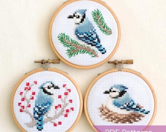 Blue Jay cross stitch pattern PDF bundle - Set of 3 Blue Jay patterns - Instant download - Small