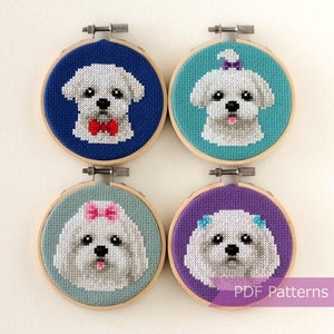 Maltese dog cross stitch pattern PDF bundle - Maltese with and without hair ties and bows embroidery -  Instant download - Small