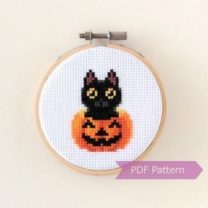 Black cat in pumpkin cross stitch PDF - Halloween embroidery - Instant download - Small