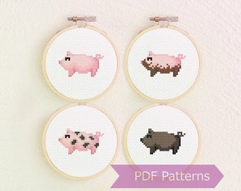 Paquete de patrones de punto de cruz de cerdo - Conjunto de 4 patrones PDF (cerdo rosa + cerdo fangoso + cerdo manchado + cerdo negro) - PDF de descarga instantánea - Pequeño