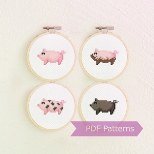 Pig cross stitch patterns bundle - Set of 4 PDF patterns (pink pig + muddy pig + spotted pig + black pig) - Instant Download PDF - Small