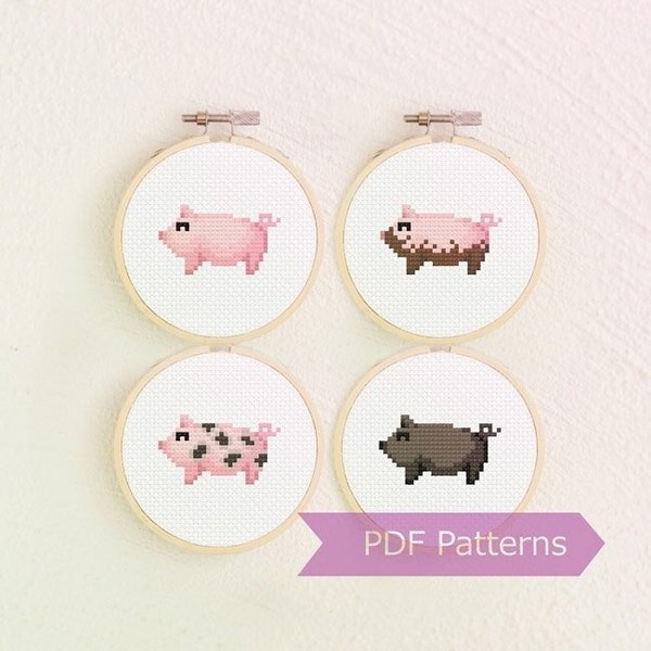 Pig cross stitch patterns bundle - Set of 4 PDF patterns (pink pig + muddy pig + spotted pig + black pig) - Instant Download PDF - Small