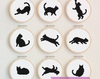 Silhouettes of Cats cross stitch pattern PDF bundle A - Set of 9 cat silhouette patterns - Instant download - Small